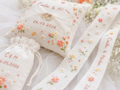 Personalized Wildflower Wedding Ring Pillow Set, Embroidered Ring Bearer Pillow, Linen Ribbon & Sachet Bag, Bridal Keepsake Gift Bridal Gift