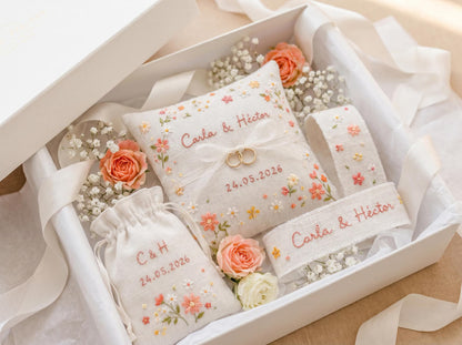 Personalized Wildflower Wedding Ring Pillow Set, Embroidered Ring Bearer Pillow, Linen Ribbon & Sachet Bag, Bridal Keepsake Gift Bridal Gift