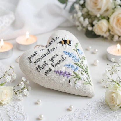 Personalized Embroidered Heart Keepsake Pillow, Handmade Wedding Bee Lavender Decor, Custom Love Quote Gift, Bridal Shower Favor for Couple