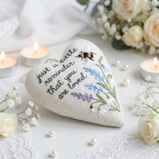 Personalized Embroidered Heart Keepsake Pillow, Handmade Wedding Bee Lavender Decor, Custom Love Quote Gift, Bridal Shower Favor for Couple