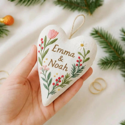 Personalized Embroidered Heart Ornament, Custom Couple Wedding Keepsake Gift, Handmade Floral Christmas Decor, Engagement Bridal Gift