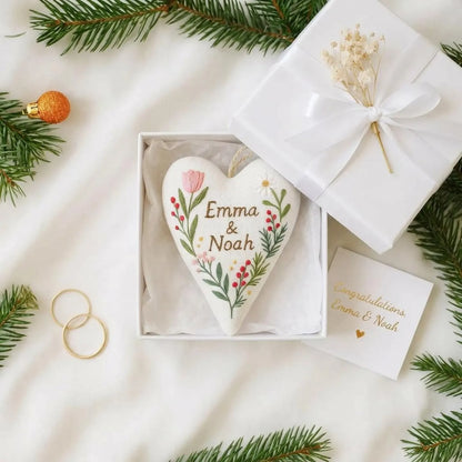 Personalized Embroidered Heart Ornament, Custom Couple Wedding Keepsake Gift, Handmade Floral Christmas Decor, Engagement Bridal Gift