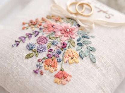 Personalized Wildflower Embroidered Ring Bearer Pillow, Custom Linen Wedding Cushion, Hand Embroidery Ring Holder, Floral Ring Pillow, Wedding Gift