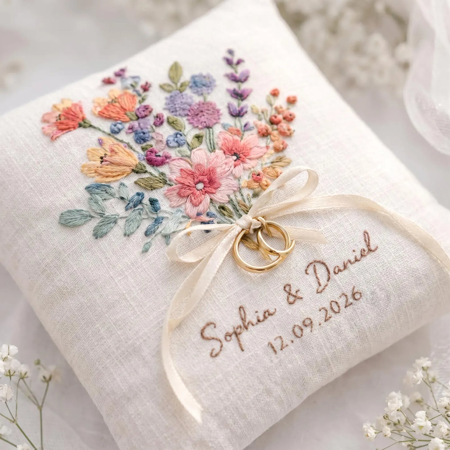 Personalized Wildflower Embroidered Ring Bearer Pillow, Custom Linen Wedding Cushion, Hand Embroidery Ring Holder, Floral Ring Pillow, Wedding Gift