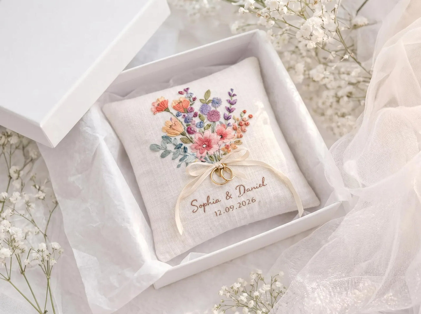 Personalized Wildflower Embroidered Ring Bearer Pillow, Custom Linen Wedding Cushion, Hand Embroidery Ring Holder, Floral Ring Pillow, Wedding Gift