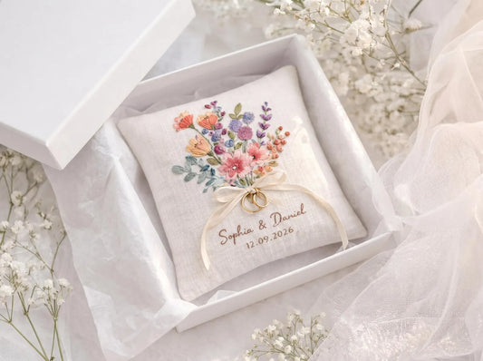 Personalized Wildflower Embroidered Ring Bearer Pillow, Custom Linen Wedding Cushion, Hand Embroidery Ring Holder, Floral Ring Pillow, Wedding Gift