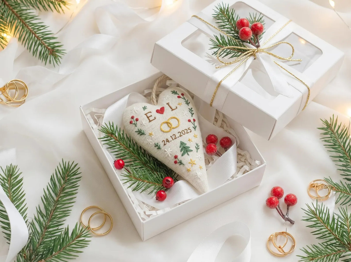 Personalized Wedding Heart Ornament – Hand Embroidered Linen Floral Ornament with Names & Date – Custom Wedding Christmas Gift Decoration