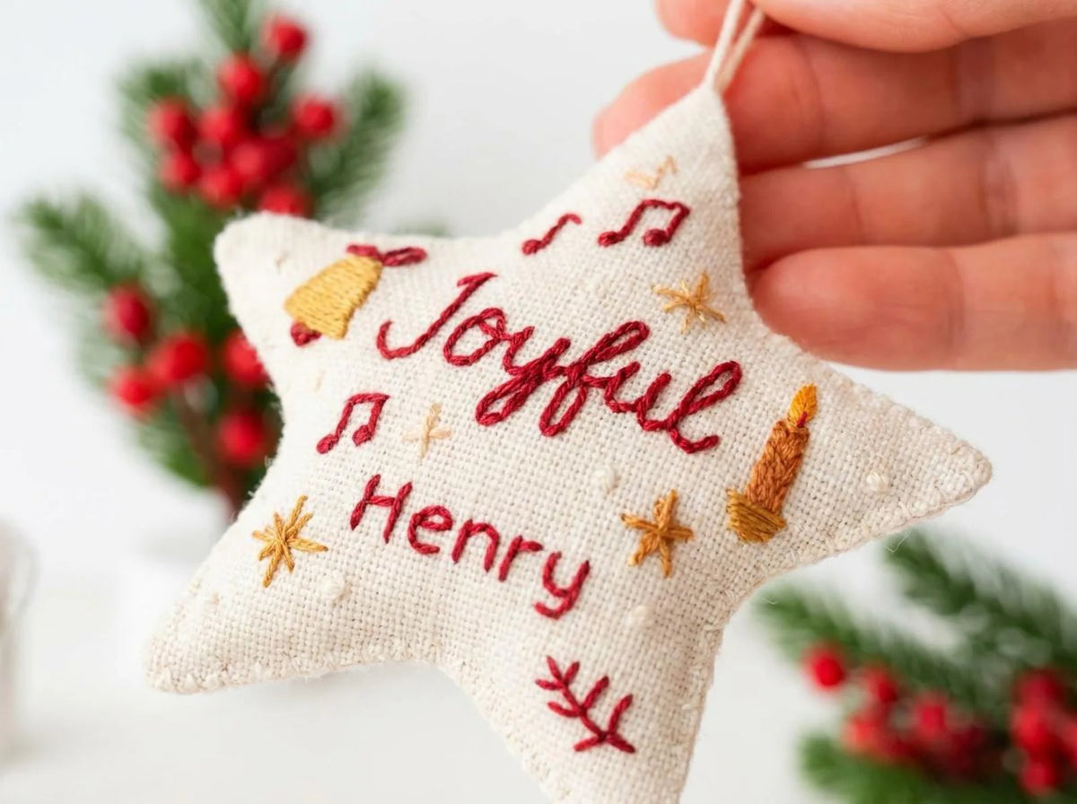 Personalized Christmas Star Ornament, Hand Embroidered Linen Ornament, Custom Name Keepsake, Joyful Xmas Gift, Personalized Tree Decoration