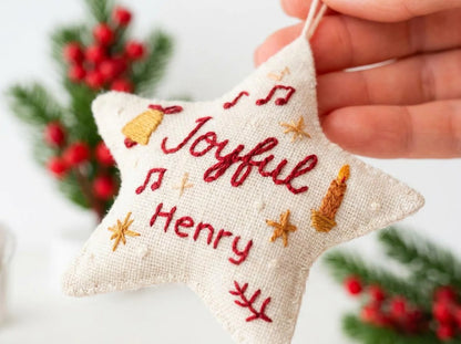 Personalized Christmas Star Ornament, Hand Embroidered Linen Ornament, Custom Name Keepsake, Joyful Xmas Gift, Personalized Tree Decoration