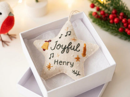Personalized Christmas Star Ornament, Hand Embroidered Linen Ornament, Custom Name Keepsake, Joyful Xmas Gift, Personalized Tree Decoration