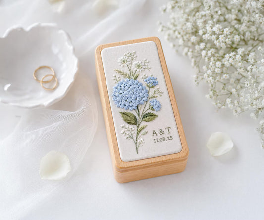 Hand Embroidered Floral Wooden Jewelry Box, Personalized Linen Ring Box, Vintage Wooden Keepsake Case, Bridesmaid Gift, Wedding Ring Holder