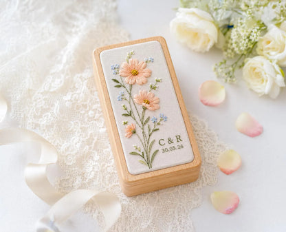 Hand Embroidered Floral Wooden Jewelry Box, Personalized Linen Ring Box, Vintage Wooden Keepsake Case, Bridesmaid Gift, Wedding Ring Holder