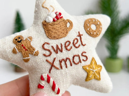 Sweet Xmas Embroidered Star Ornament, Personalized Christmas Ornament, Gingerbread Cocoa Candy Cane Holiday Decor, Handmade Gifts Tree Decor