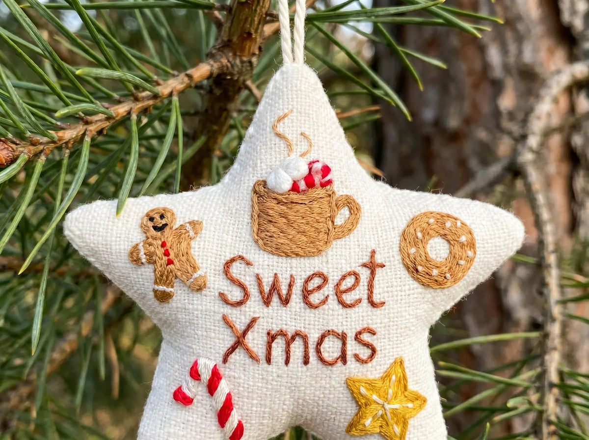 Sweet Xmas Embroidered Star Ornament, Personalized Christmas Ornament, Gingerbread Cocoa Candy Cane Holiday Decor, Handmade Gifts Tree Decor