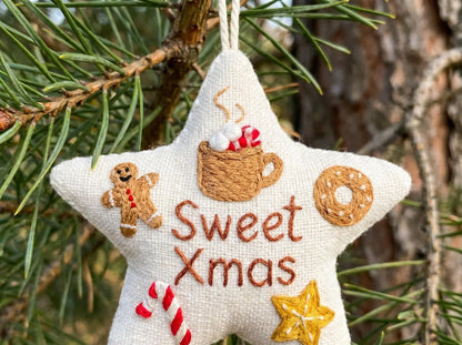Sweet Xmas Embroidered Star Ornament, Personalized Christmas Ornament, Gingerbread Cocoa Candy Cane Holiday Decor, Handmade Gifts Tree Decor