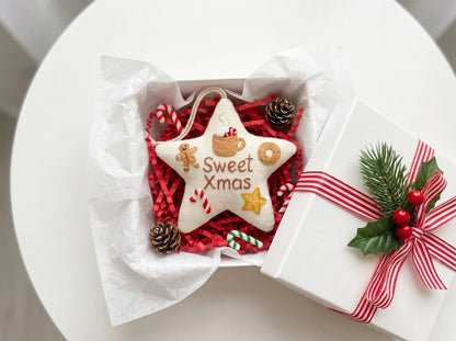Sweet Xmas Embroidered Star Ornament, Personalized Christmas Ornament, Gingerbread Cocoa Candy Cane Holiday Decor, Handmade Gifts Tree Decor