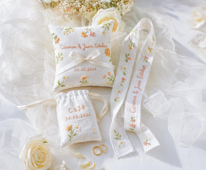 Personalized Embroidered Wedding Gift Set, Custom Ring Pillow Bouquet Ribbon and Ring Pouch, Handmade Floral Bridal Keepsake Gift Set Brides