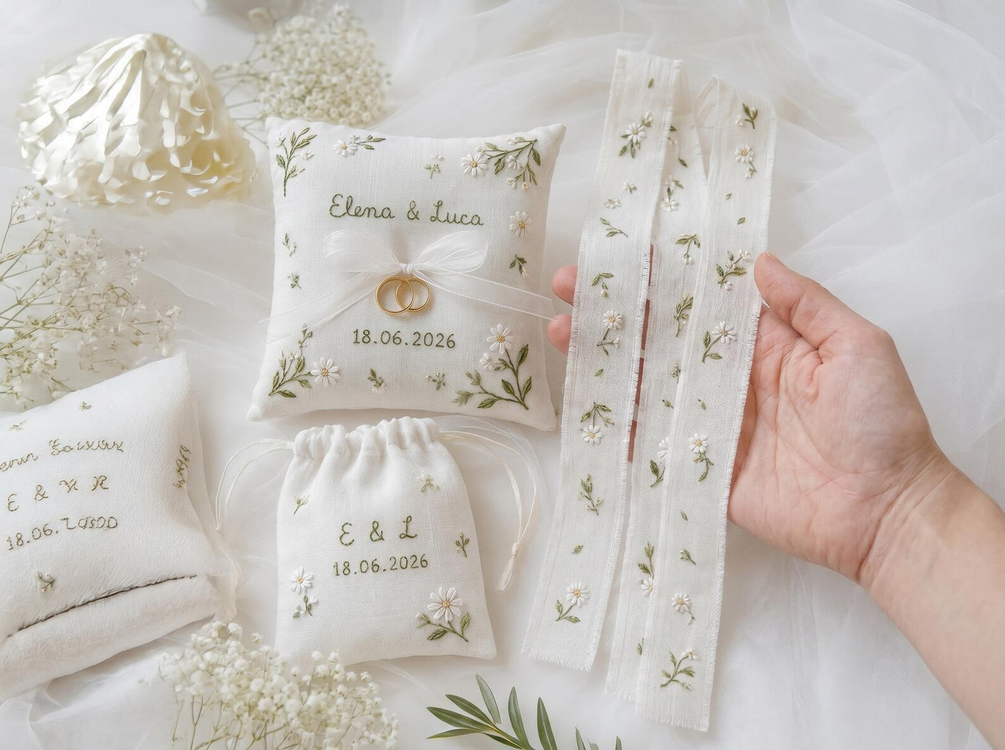 Personalized Embroidered Wedding Gift Set, Custom Ring Pillow Bouquet Ribbon and Ring Pouch, Handmade White Floral Bridal Keepsake Gift Boxs