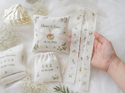 Personalized Embroidered Wedding Gift Set, Custom Ring Pillow Bouquet Ribbon and Ring Pouch, Handmade White Floral Bridal Keepsake Gift Boxs