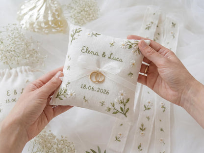 Personalized Embroidered Wedding Gift Set, Custom Ring Pillow Bouquet Ribbon and Ring Pouch, Handmade White Floral Bridal Keepsake Gift Boxs