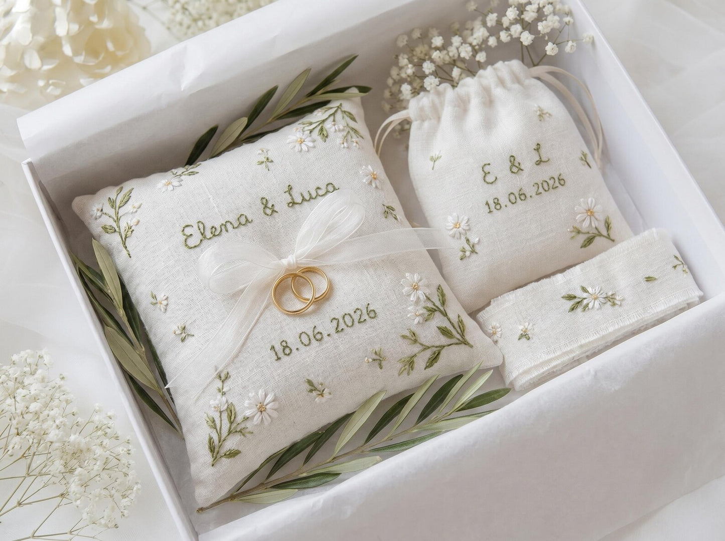 Personalized Embroidered Wedding Gift Set, Custom Ring Pillow Bouquet Ribbon and Ring Pouch, Handmade White Floral Bridal Keepsake Gift Boxs