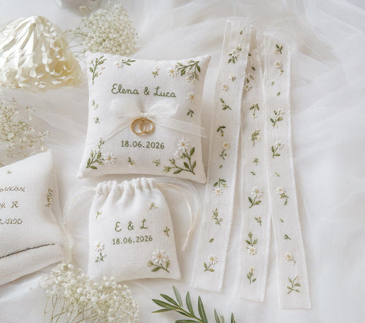 Personalized Embroidered Wedding Gift Set, Custom Ring Pillow Bouquet Ribbon and Ring Pouch, Handmade White Floral Bridal Keepsake Gift Boxs