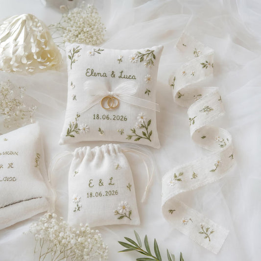 Personalized Embroidered Wedding Gift Set, Custom Ring Pillow Bouquet Ribbon and Ring Pouch, Handmade White Floral Bridal Keepsake Gift Boxs