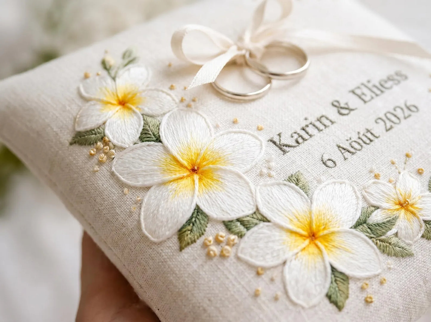 Personalized Frangipani Blossoms Embroidered Ring Bearer Pillow, Custom Linen Wedding Cushion, Hand Embroidery Ring Holder, Floral Ring Pillow, Wedding Gift
