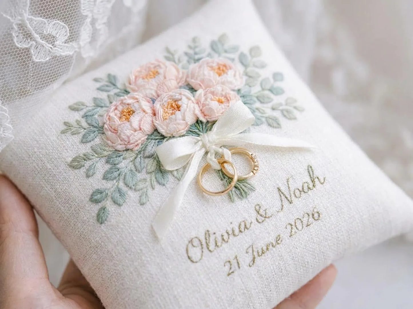 Custom Embroidered Ring Bearer Pillow, Personalized Floral Wedding Ring Cushion, Handmade Linen Pillow, Romantic Wedding Keepsake