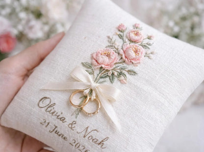 Custom Embroidered Ring Bearer Pillow, Personalized Floral Wedding Ring Cushion, Handmade Linen Pillow, Romantic Wedding Keepsake