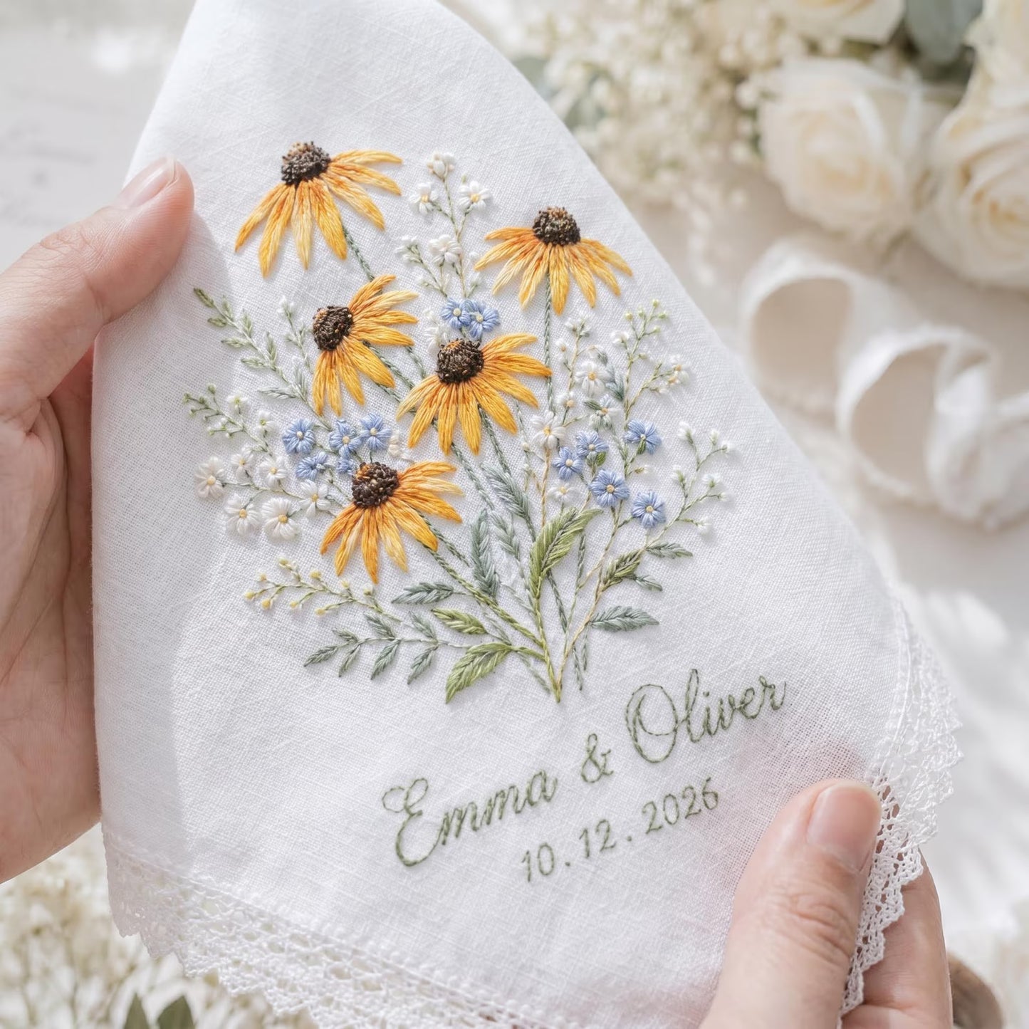Personalized Embroidered Wedding Handkerchief, Custom Sunflower Floral Hanky, Handmade Bridal Keepsake Gift for Bride Groom Mom, Custom Date