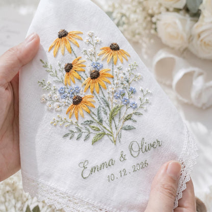 Personalized Embroidered Wedding Handkerchief, Custom Sunflower Floral Hanky, Handmade Bridal Keepsake Gift for Bride Groom Mom, Custom Date