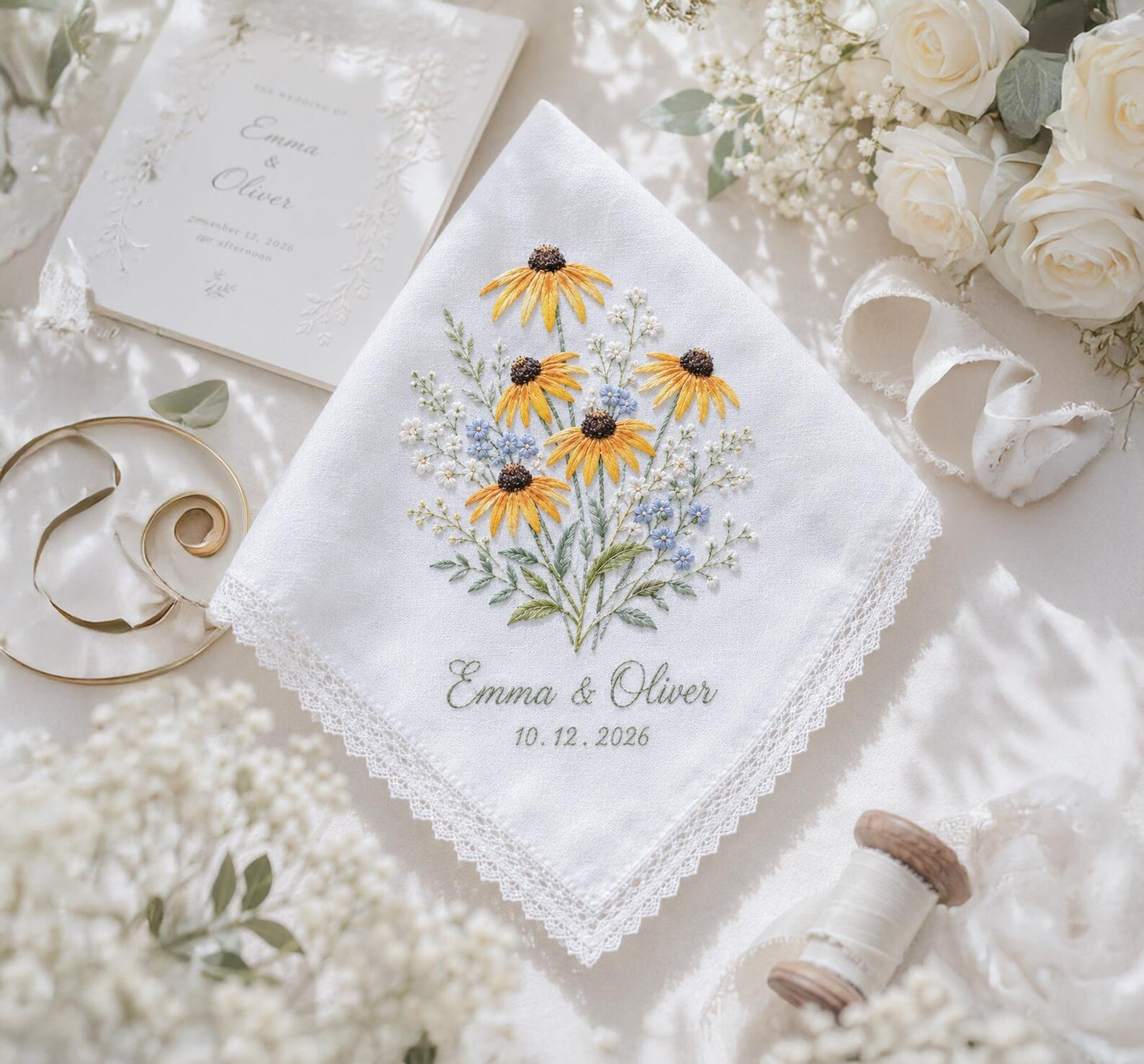 Personalized Embroidered Wedding Handkerchief, Custom Sunflower Floral Hanky, Handmade Bridal Keepsake Gift for Bride Groom Mom, Custom Date