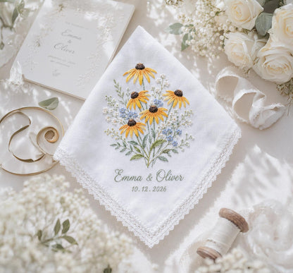 Personalized Embroidered Wedding Handkerchief, Custom Sunflower Floral Hanky, Handmade Bridal Keepsake Gift for Bride Groom Mom, Custom Date