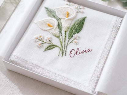 Luxury Embroidered Wedding Handkerchief, Calla Lily Floral Bridal Hanky, Personalized Linen Keepsake Gift for Bride, Mother of Bride Wedding