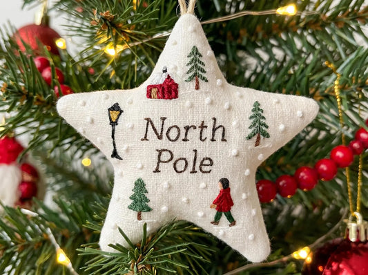Personalized Embroidered Christmas Star Ornament, Handmade Fabric Tree Decoration, North Pole Holiday Keepsake Gift, Handmade Ornament Gift
