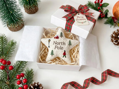 Personalized Embroidered Christmas Star Ornament, Handmade Fabric Tree Decoration, North Pole Holiday Keepsake Gift, Handmade Ornament Gift
