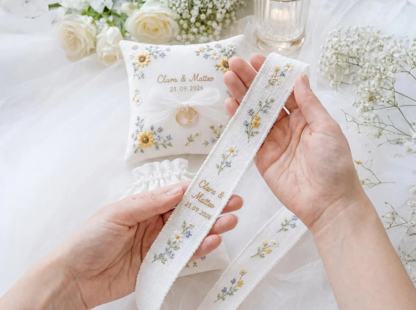 Personalized Sunflower Wedding Ring Pillow Set, Embroidered Ring Bearer Pillow, Sachet Bag, Linen Ribbon, Bridal Keepsake Box Handmade Set