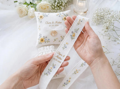 Personalized Sunflower Wedding Ring Pillow Set, Embroidered Ring Bearer Pillow, Sachet Bag, Linen Ribbon, Bridal Keepsake Box Handmade Set