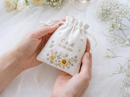 Personalized Sunflower Wedding Ring Pillow Set, Embroidered Ring Bearer Pillow, Sachet Bag, Linen Ribbon, Bridal Keepsake Box Handmade Set