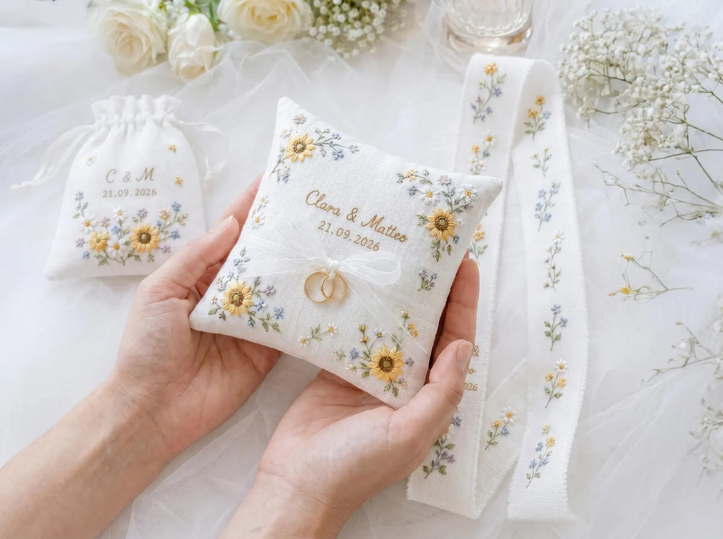 Personalized Sunflower Wedding Ring Pillow Set, Embroidered Ring Bearer Pillow, Sachet Bag, Linen Ribbon, Bridal Keepsake Box Handmade Set