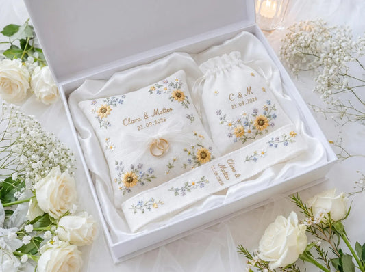 Personalized Sunflower Wedding Ring Pillow Set, Embroidered Ring Bearer Pillow, Sachet Bag, Linen Ribbon, Bridal Keepsake Box Handmade Set