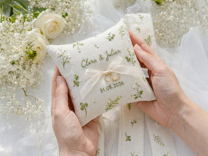 Personalized Botanical Wedding Ring Pillow Set, Embroidered Ring Bearer Pillow, Sachet Bag, Linen Ribbon, Custom Bridal Keepsake Box Gift