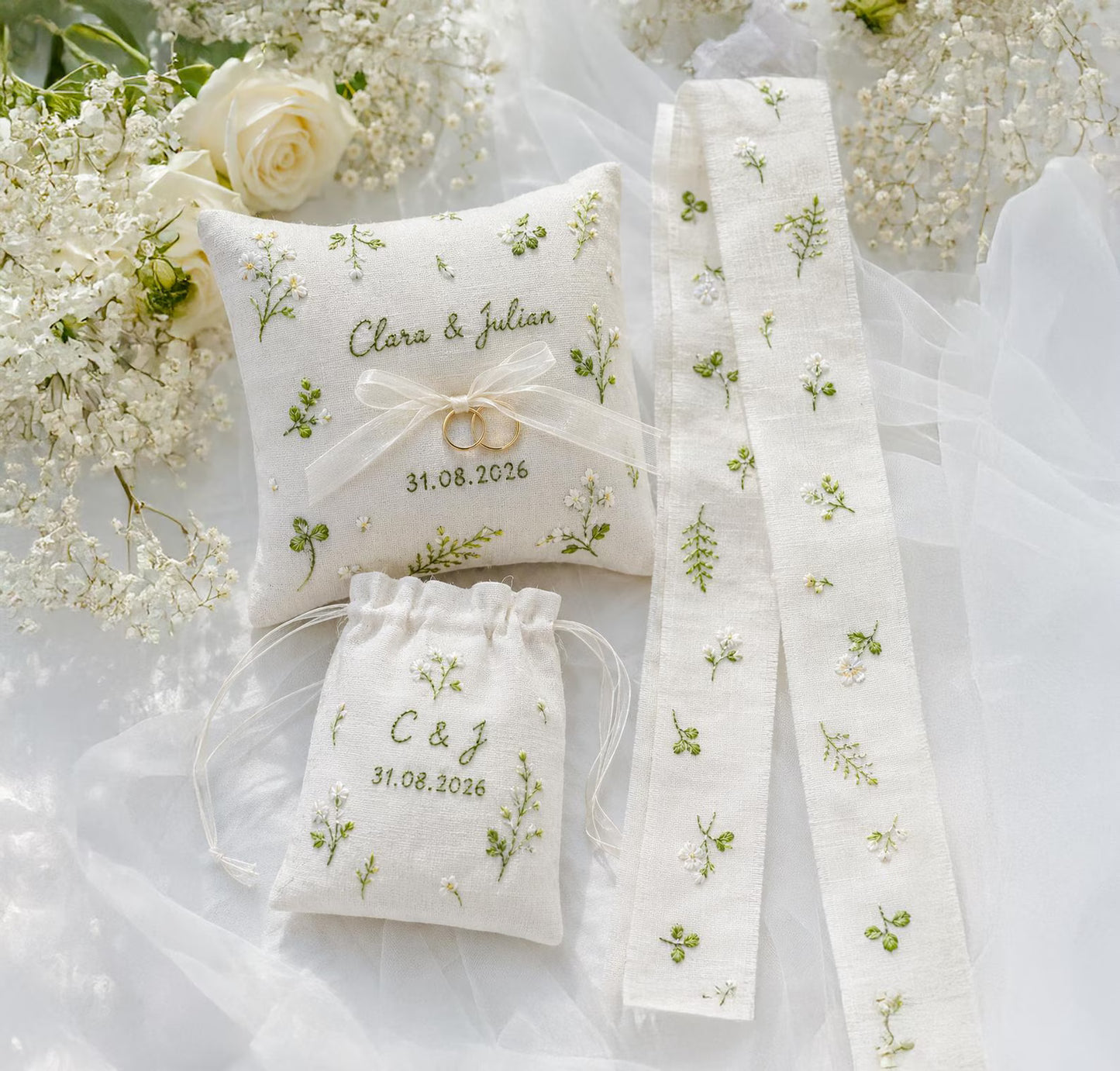 Personalized Botanical Wedding Ring Pillow Set, Embroidered Ring Bearer Pillow, Sachet Bag, Linen Ribbon, Custom Bridal Keepsake Box Gift