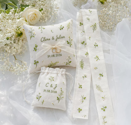 Personalized Botanical Wedding Ring Pillow Set, Embroidered Ring Bearer Pillow, Sachet Bag, Linen Ribbon, Custom Bridal Keepsake Box Gift