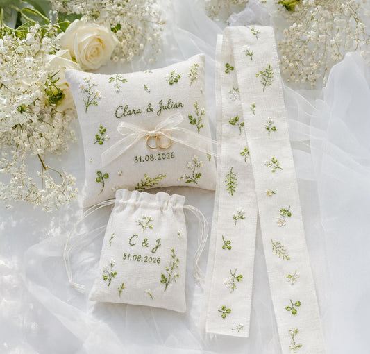 Personalized Botanical Wedding Ring Pillow Set, Embroidered Ring Bearer Pillow, Sachet Bag, Linen Ribbon, Custom Bridal Keepsake Box Gift