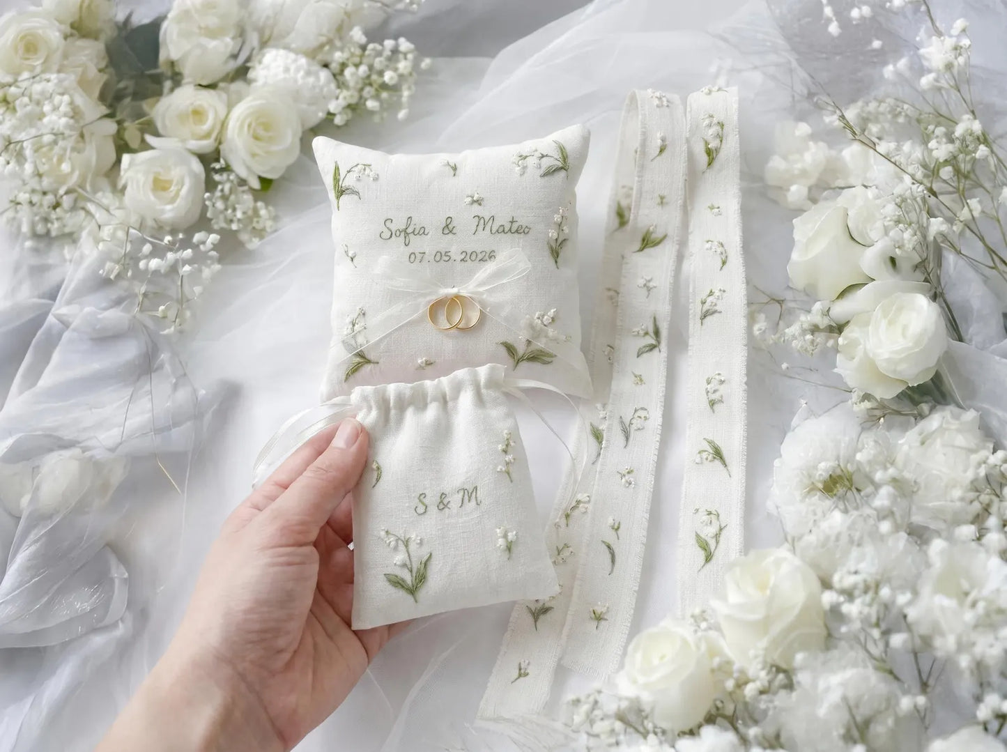 Personalized Lily of the Valley Wedding Ring Pillow Set, Embroidered Ring Bearer Pillow, Sachet Bag, Linen Ribbon, Bridal Keepsake Gift Her