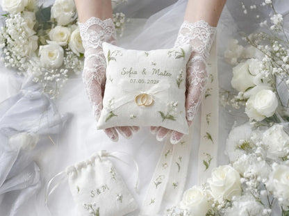 Personalized Lily of the Valley Wedding Ring Pillow Set, Embroidered Ring Bearer Pillow, Sachet Bag, Linen Ribbon, Bridal Keepsake Gift Her