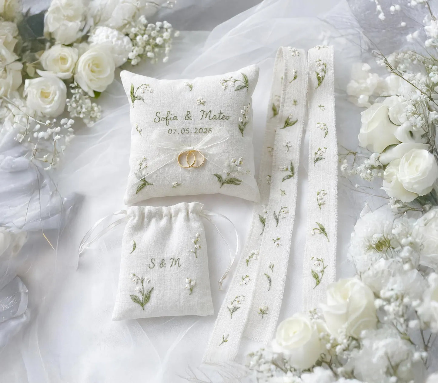 Personalized Lily of the Valley Wedding Ring Pillow Set, Embroidered Ring Bearer Pillow, Sachet Bag, Linen Ribbon, Bridal Keepsake Gift Her