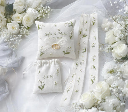 Personalized Lily of the Valley Wedding Ring Pillow Set, Embroidered Ring Bearer Pillow, Sachet Bag, Linen Ribbon, Bridal Keepsake Gift Her
